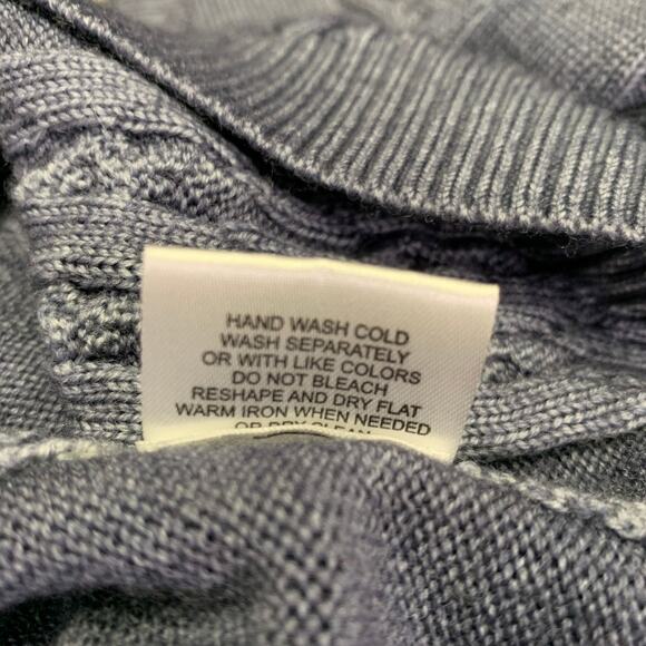 LENOR ROMANO Size L Blue Grey Cable Knit Merino Wool V-Neck Pullover - Picture 7 of 7